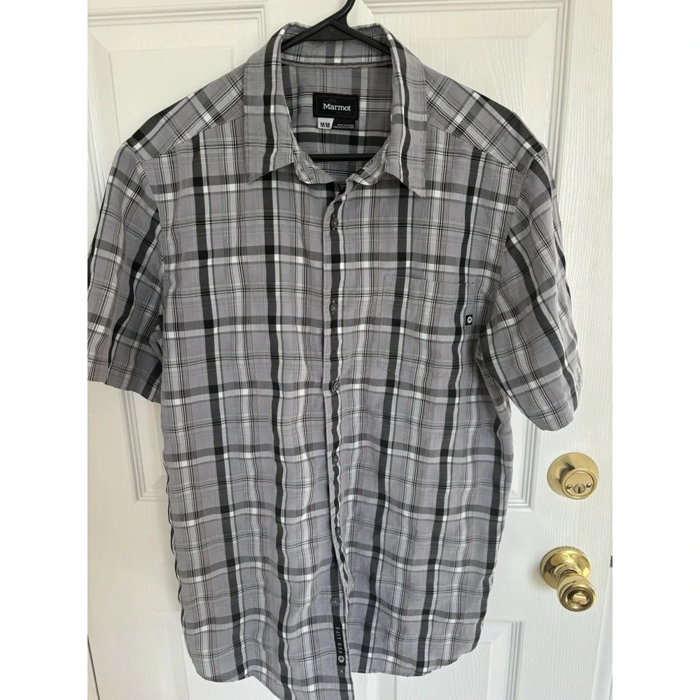 Marmot Mens Plaid Button Up Shirt Size M Gray Lightweight Outdoor Hiking Camping - Picture 1 of 9